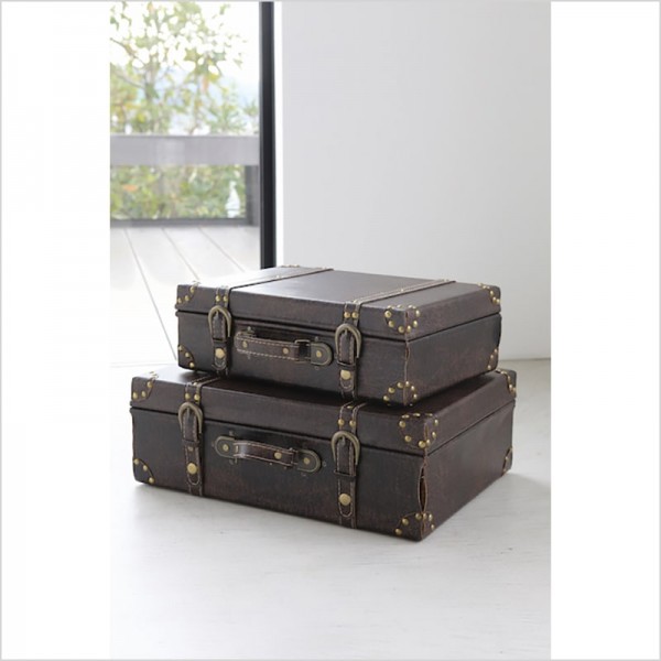 バックルボタン レザー トランクボックス ２個セット 収納ボックス 木製 アンティーク調 リビング収納 トランクケース 店舗什器 