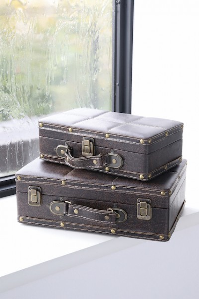 パッチフェイス レザー トランクボックス ２個セット 収納ボックス 木製 トランクケース アンティーク調 リビング収納 店舗什器 