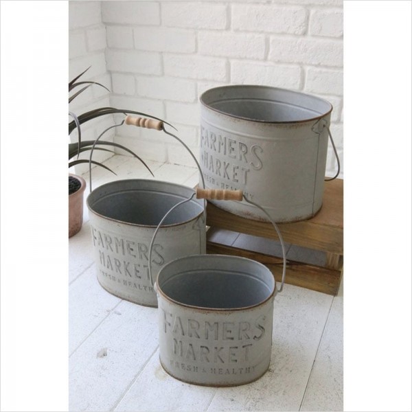 オーバルポット バケツ 3点セット フラワーポット ファミエール シルバー ポット 鉢カバー 小物入れ プランター スチール 鉢 プ