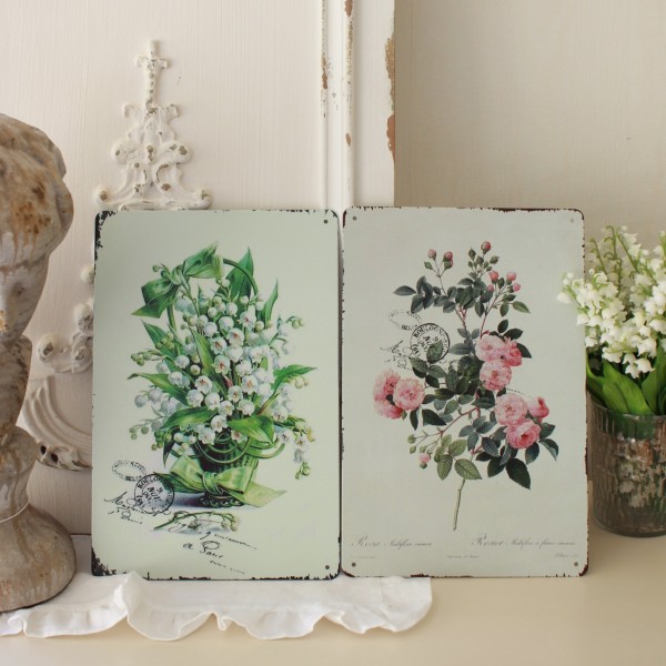 ブリキ サインプレート すずらん スズラン ローズ ミュゲ 薔薇 花 壁掛け アートパネル  プレート アンティーク風 壁飾り ブロカ