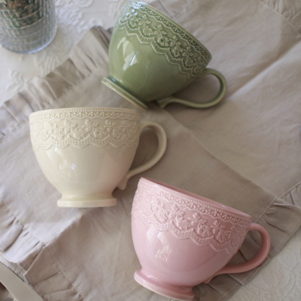 マグカップ マグ 陶器 コップ 可愛い グリーン ピンク アイボリー アンティーク風 可愛い食器 おしゃれ レース柄