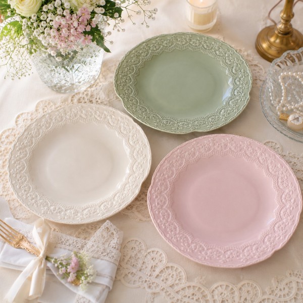 ディナープレート 23cm プレート 皿 陶器 グリーン ピンク アイボリー アンティーク風 可愛い食器 おしゃれ ディナー皿 メインプ