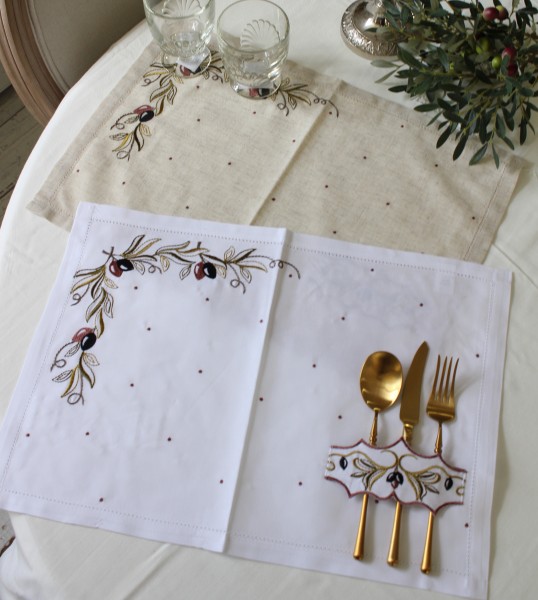 おしゃれ ランチョンマット レクト プロバンス オリーブ 刺繍 ギリシャ製（ホワイト057・ベージュ058）長方円 布製 プロヴァンス