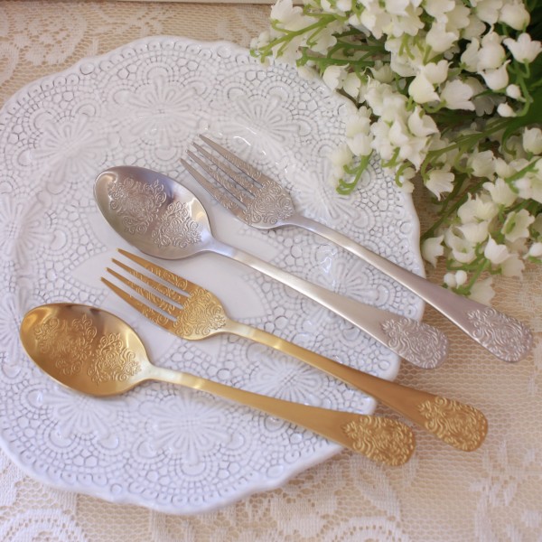アラベスク ティースプーン ケーキフォーク デザートカトラリー ゴールド シルバー デザートフォーク デザートスプーン ステンレ