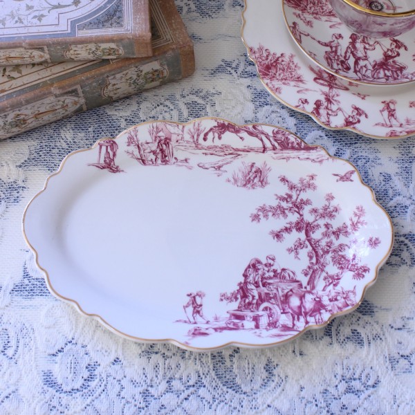 オーバルプレート トワルドジュイ ボルドー 洋食器 ケーキ皿 楕円 皿  フレンチ食器 アンティーク調 陶器 シャビーシック antiqu
