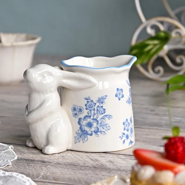 ミルクピッチャー 陶器 小物入れ ミルクポット ラビット うさぎ 可愛い 花柄 陶器製 ブルームラビットミルクピッチャー (091) ア