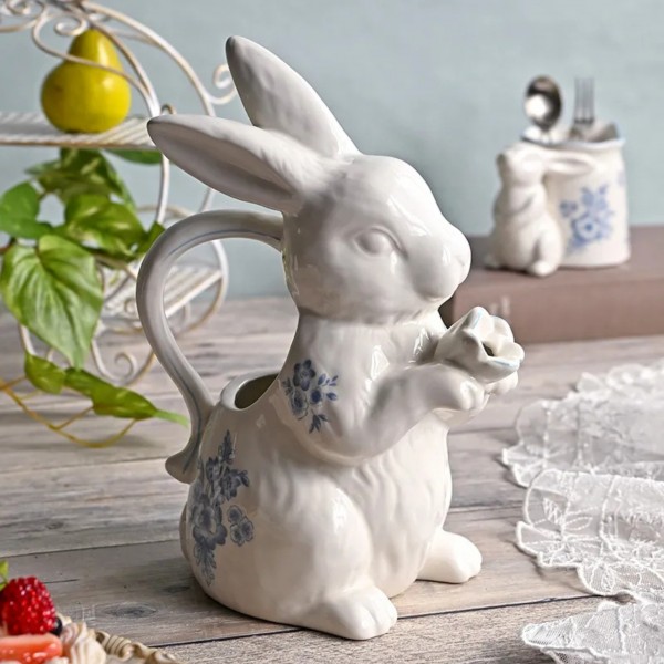 ラビット ピッチャー 陶器 フラワーベース 花瓶 ラビット うさぎ 可愛い 花柄 陶器製 ブルームラビットピッチャー (092) アンテ