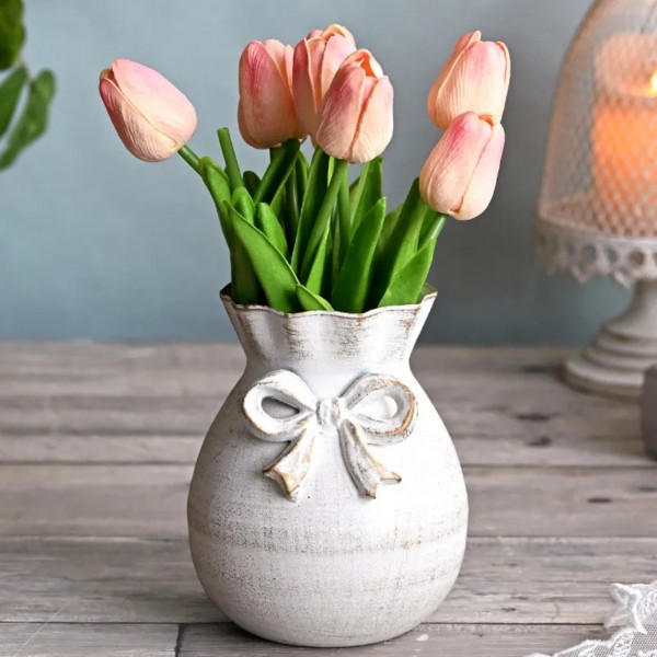 リボン フラワーベース アイボリー ブリキ 花瓶 ホワイト 金属製 （1576）おしゃれ アンティーク調 シャビーシック アンティーク