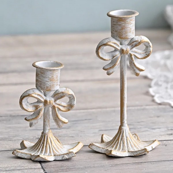リボン キャンドルスタンド ２個セット ホワイト キャンドルホルダー アイボリー 金属製（1575）おしゃれ アンティーク調 シャビ