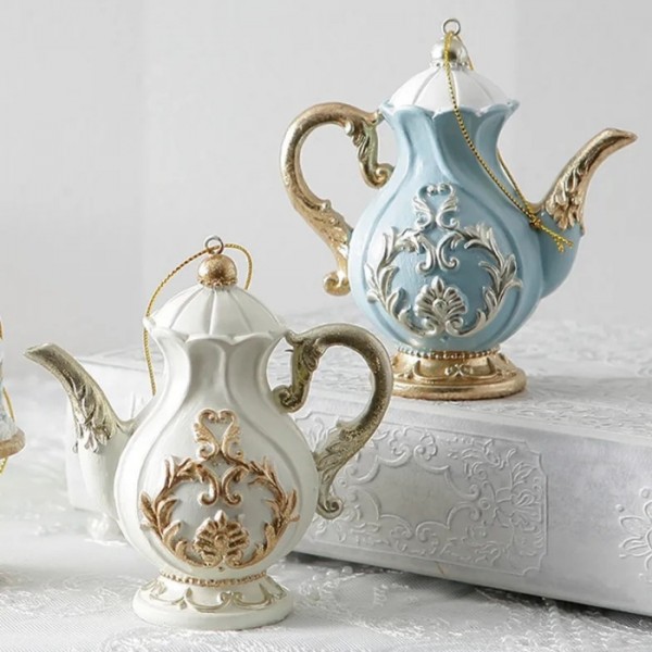 クリスマスオーナメント ティーポット オーナメント ツリーオーナメント ホワイト ブルー クリスマス 可愛い アンティーク風 ロ