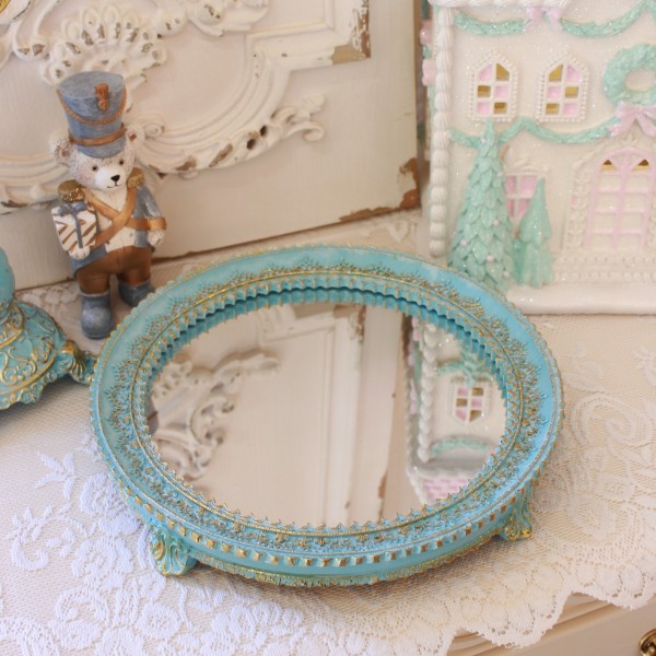 (SALE30%OFF) ミラートレー トレイ ブルー ディスプレイトレイ インテリアトレイ ラウンド おしゃれ  (1024) 円形 丸 ロココ調 