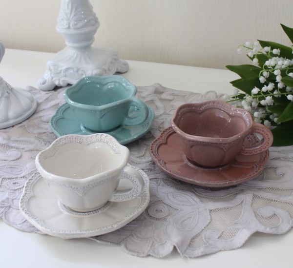 デミタスカップ＆ソーサー コーヒーカップ  アンティーク風 おしゃれ クリーム ピンク ブルー La Ceramica V.B.C ラ・セラミカ（