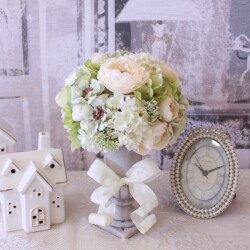 ローズ フラワーアレンジ ホワイト グリーン 造花 フラワーアレンジメント フラワーギフト ラウンド (クリームグリーン） インテ