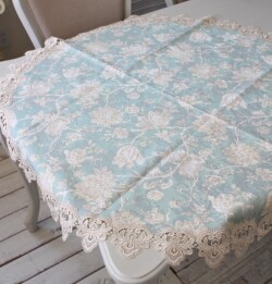 撥水 ラウンドクロス テーブルクロス 円形 150cm 高級 ブルー はっ水 ターコイズブルーフラワー ジャガード織 布製 レース テー