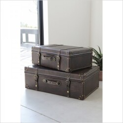 ラージ バックルボタン レザー トランクボックス トランクケース ２個セット Lサイズ 収納ボックス 木製 アンティーク調 リビン