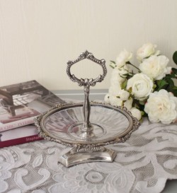 アンティーク 雑貨 ハンドル付きガラストレー001 シルバー トレー
