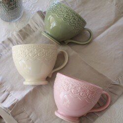 マグカップ マグ 陶器 コップ 可愛い グリーン ピンク アイボリー アンティーク風 可愛い食器 おしゃれ レース柄