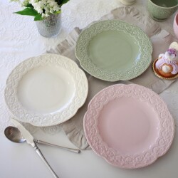 ディナープレート 23cm プレート 皿 陶器 グリーン ピンク アイボリー アンティーク風 可愛い食器 おしゃれ ディナー皿 メインプ