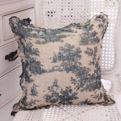 クッションカバー トワルドジュイ 40×40 リネン ブルー フリルクッションカバー フレンチテイスト おしゃれ アンティーク風 シャ