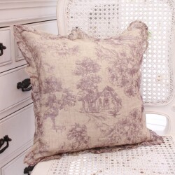 クッションカバー トワルドジュイ 40×40 リネン パープル フリルクッションカバー フレンチテイスト おしゃれ アンティーク風 シ