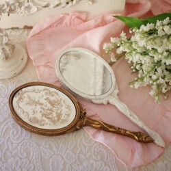 手鏡 ハンドミラー トワルドジュイ アンティーク風 ミラー ロココ調 鏡 (001) ホワイト ゴールド 撮影小物 ディスプレイ アンテ