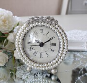 置時計 シルバー テーブルクロック リボンパール ラウンド 丸形 アンティーク風 シャビーシック 姫系 フレンチテイスト リボンモ