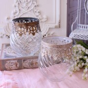 フラワーベース 花瓶 LED キャンドルホルダー ガラスベース ホワイト ゴールド 花器 アンティーク風 ショート (132) アンティー
