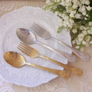 アラベスク ティースプーン ケーキフォーク デザートカトラリー ゴールド シルバー デザートフォーク デザートスプーン ステンレ