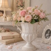 フラワーベース アイボリー ラージサイズ フラワーポット 花器 ホワイト ブリキ プランターカバー（1578）おしゃれ アンティーク