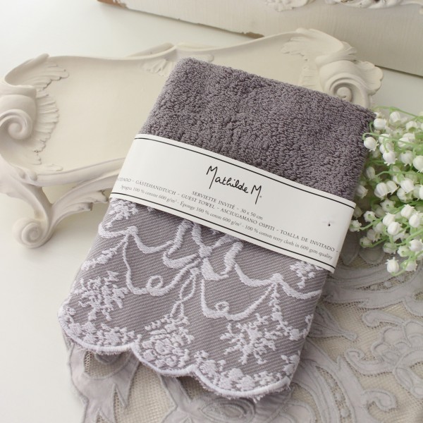 タオル グレー 可愛い マチルドエム フランス ゲストタオル リボン柄 (603）ハンドタオル 30×50 マチルドM Mathilde M. シャビー