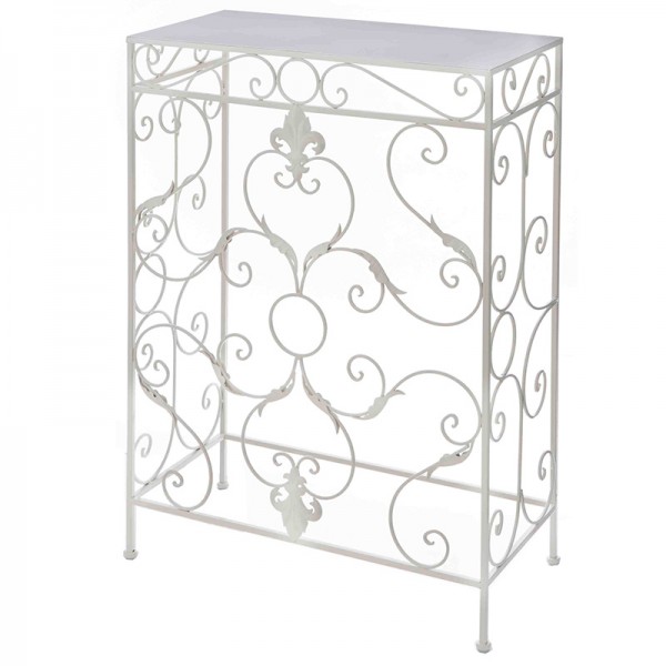 コンソール ホワイト アイアン 飾り台 花台 フラワースタンド (71868)  アイアン製 ロココ調 ヨーロピアン ユリの紋章 アンティ