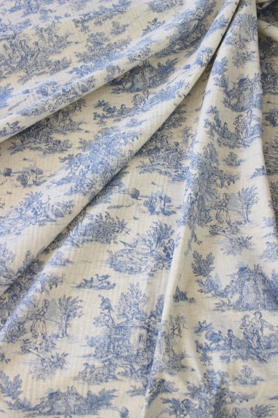 トワルドジュイ 田園 生地 輸入生地 （グレージュ×ブルー160ｃｍ幅） トワル・ド・ジュイ フランス製　輸入生地 カーテン生地 フ