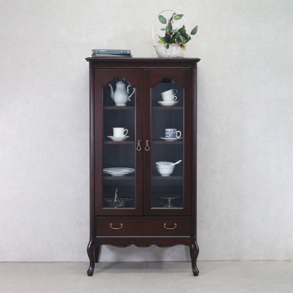 キャビネット２枚扉 ガラスキャビネット 飾り棚 ブラウン 本棚 クラシック フルール アンティーク風 東海家具 高級家具 輸入家具