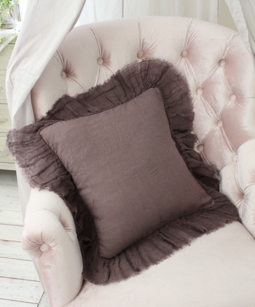 シャビーシック リネン クッション フリル クッション パープル 45cm 角 フラター リネン100% 布製 フレンチテイスト TAMTAM