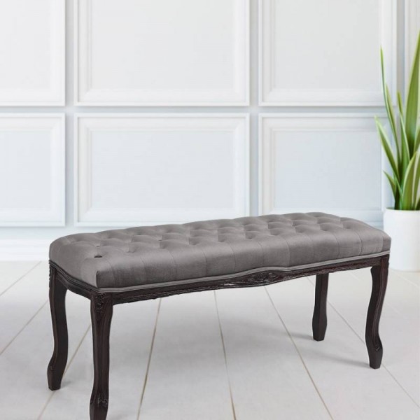 ベンチスツール  スツール アンティーク調 クラシック 横長 木製 ベロアグレー 布張り 椅子 輸入家具  アンティーク風 シャビー