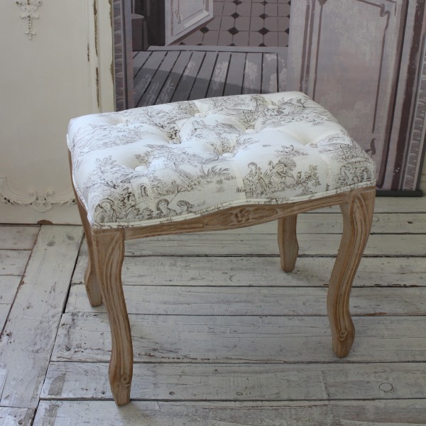 スツール オットマン 木製 トワルドジュイ フランス生地 ホワイト 布張り 椅子 輸入家具  (703) アンティーク風 シャビーシック 