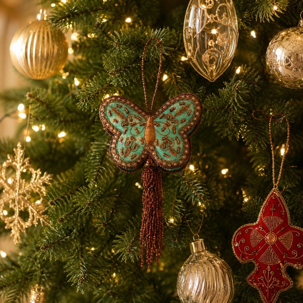 クリスマス ツリーオーナメント パピヨン 蝶 タッセル ビーズ刺繍 クリスマスオーナメント ハンドメイド バタフライ クラシック 