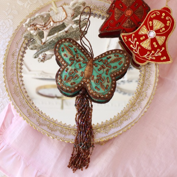 クリスマス ツリーオーナメント パピヨン 蝶 タッセル ビーズ刺繍 クリスマスオーナメント ハンドメイド バタフライ クラシック 