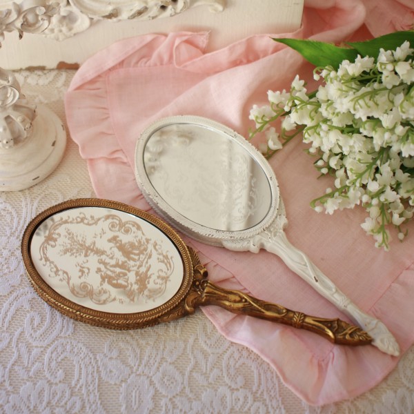 手鏡 ハンドミラー トワルドジュイ アンティーク風 ミラー ロココ調 鏡 (001) ホワイト ゴールド 撮影小物 ディスプレイ アンテ