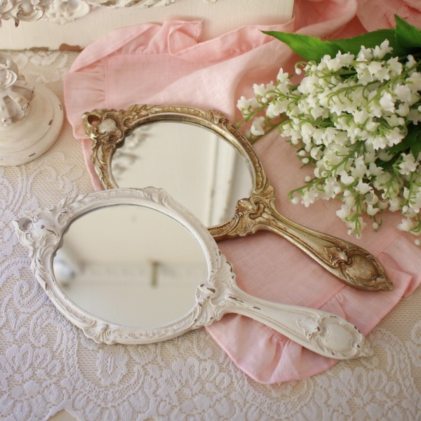 手鏡 ハンドミラー アンティーク風 ミラー ロココ調 アンティーク (051) ホワイト シルバー 撮影小物 ディスプレイ アンティーク