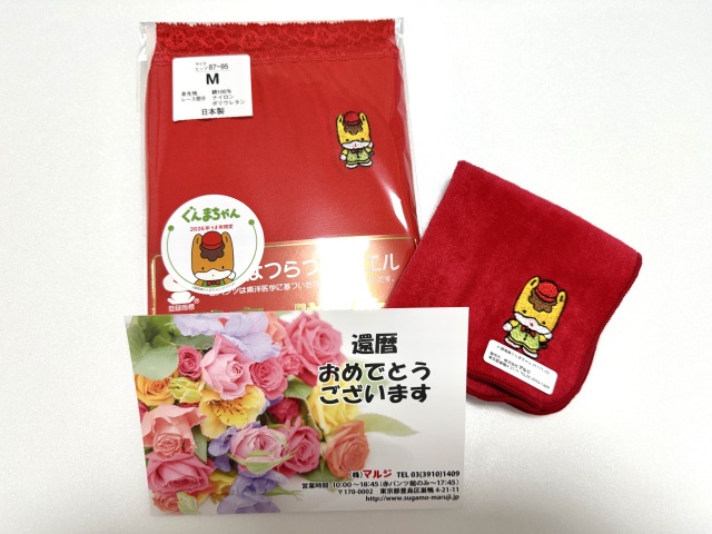 ぐんまちゃんの刺繍入り赤ショーツとハンカチのセットです