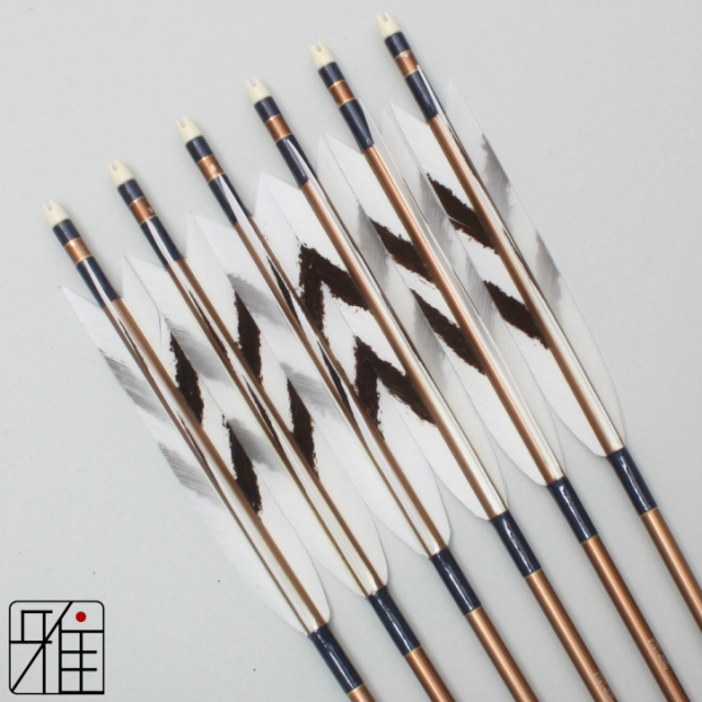 弓道 ジュラ矢 ターキー手描染羽 1913茶|6本組|矧糸:青系|19421