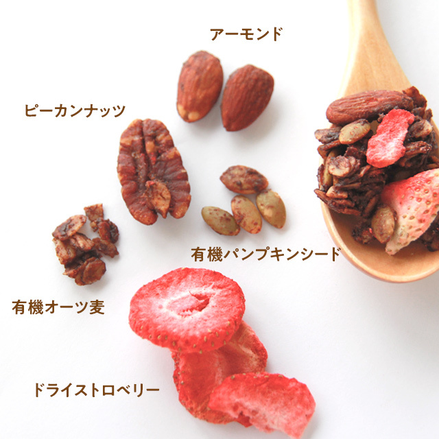 オートミール・ナッツ類がたっぷりのグルテンフリーオートミールグラノーラ ストロベリーチョコレート