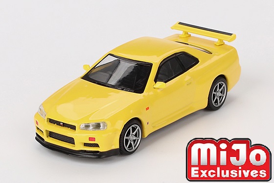 MINI GT 1/64 Nissan スカイライン GT-R R34 Vスペック ライティングイエロー(右ハンドル)
