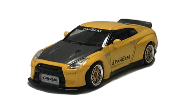 MINI GT 1/64 Pandem Nissan GT-R R35 ダックテイル メタリックイエロー/カーボン(左ハンドル)