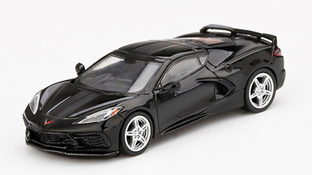 MINI GT 1/64 シボレー コルベット スティングレイ 2020 ブラック/ミッドナイトグレーストライプ(右ハンドル)