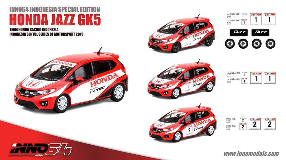 イノモデル （インドネシア限定） 1/64 ホンダ Jazz (GK5) ”Team Honda Racing Indonesia” 2015 （デカール＆交換用ホイール付）