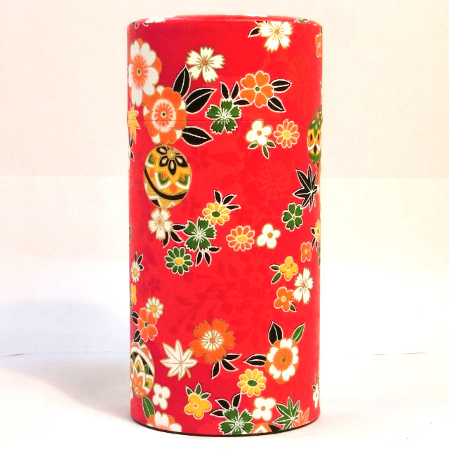 茶筒 和紙貼り缶 赤色 和柄（茶葉200g用）