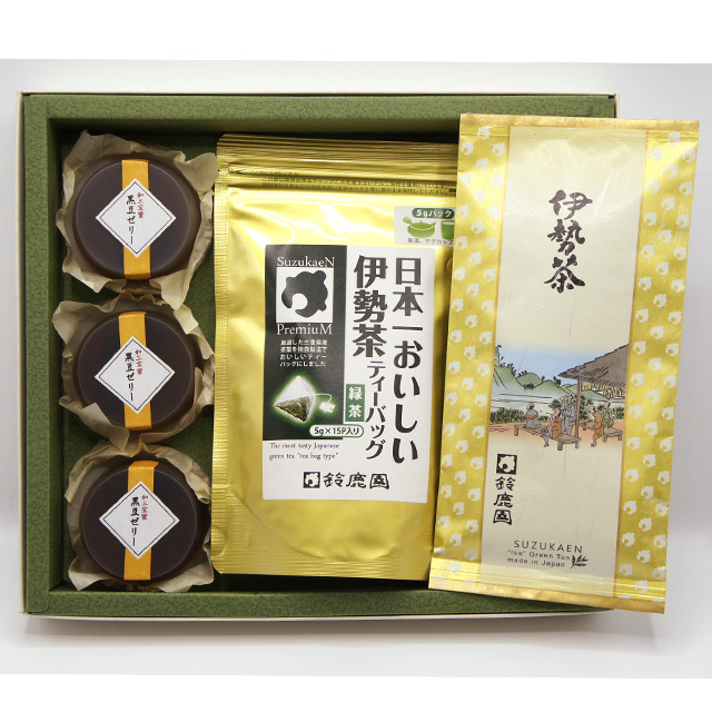 《父の日ギフト》高級伊勢茶「思いやり」100g・日本一おいしい伊勢茶ティーバッグ5g×15個入・黒豆ゼリー3つ セット