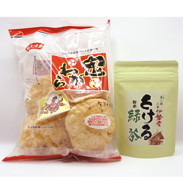 《鈴鹿園おすすめ！お茶とお菓子 セット》粉末茶 とける緑茶 50g・風見米菓 鬼がわら せんべい（日本のうるち米100％）（ティーマリアージュ・ティーペアリング）